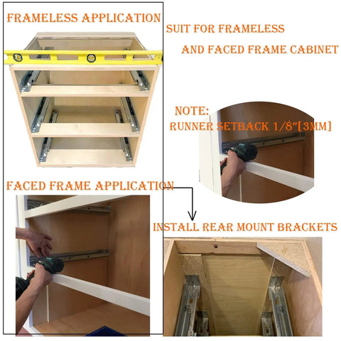 Undermount Soft Close 21 Inch Drawer Slides, Full Extension, Bottom Mount, Locking, 6 Pairs, Heavy Duty 100 Lb Capacity, Frameless Cabinet Hardware For Kitchen, Dresser And Tool Box Drawers, Quiet Smooth Operation installed in frameless and faced frame cabinets