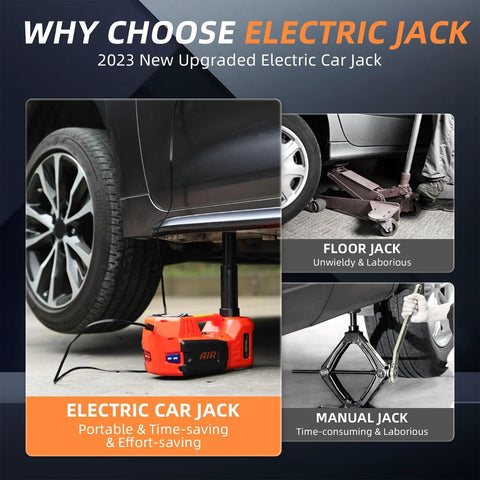 STANDTALL electric car jack, orange 12V hydraulic floor jack with tire inflator, front view under vehicle