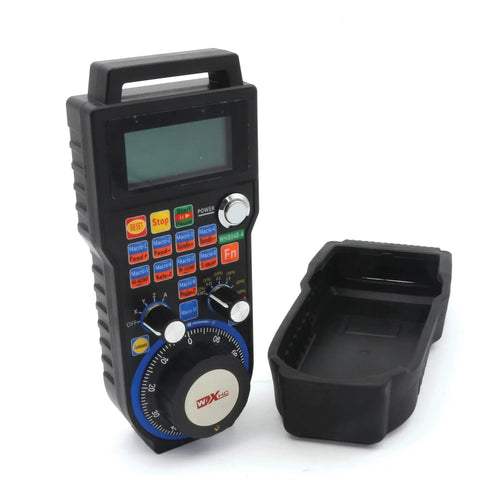 6 Axis USB Mach3 CNC Handwheel And Handheld Pulse Generator For Remote Control Of Router Lathe Milling And Engraving Machines, Electronic Hand Wheel Controller With Plug And Play Setup And Rugged Build, Model WHB04B6, shown with protective case.