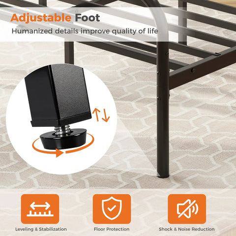 Close-up of adjustable foot on Queen Metal Platform Bed Frame Featuring Trendy Spherical Headboard, improving leveling and noise reduction.