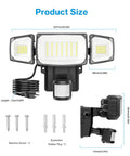 70W Motion Sensor Plug In Outdoor Flood Light No Hardwire Needed Dusk To Dawn 7000LM IP65 Waterproof LED Security Light shown with screws and dimensions
