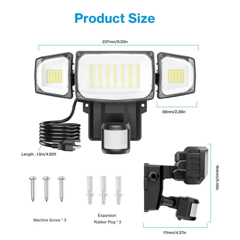 70W Motion Sensor Plug In Outdoor Flood Light No Hardwire Needed Dusk To Dawn 7000LM IP65 Waterproof LED Security Light shown with screws and dimensions