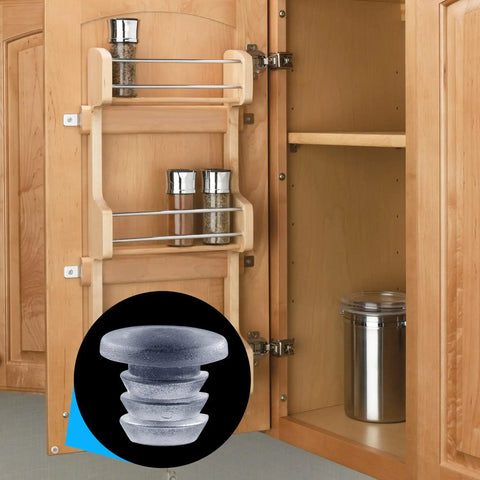 Rock Solid Glass Table Bumpers With Stem Mount, close-up of silicone bumpers fitting into cabinet, noise reducing pads for storage.