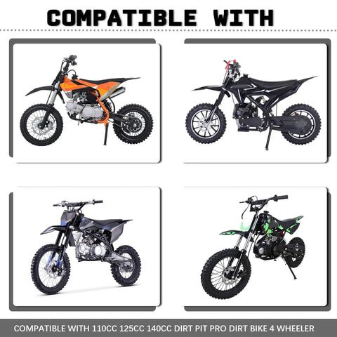 Image showing compatibility with 110cc, 125cc, 140cc dirt bikes for Heavy Duty Chain Tensioner With Spring For 110cc 125cc 140cc Dirt Pit Pro Dirt Bikes And ATVs, Beefed Up Spring, Thicker Wire, Longer Travel, 3.1mm Thick Bracket, 15mm Mounting Bushing, Black