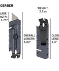 Gerber Prybrid blue utility knife with pocket clip; blade extended in front view and closed in back view.