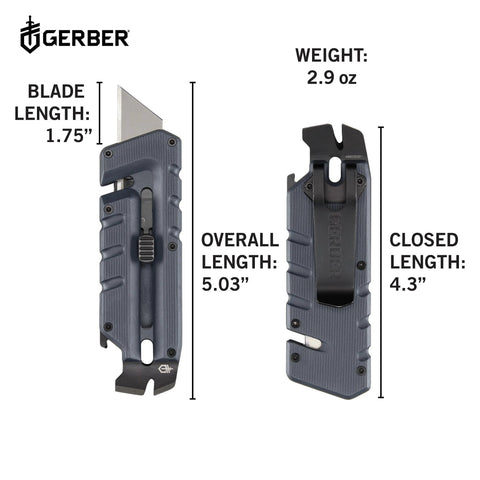 Gerber Prybrid blue utility knife with pocket clip; blade extended in front view and closed in back view.