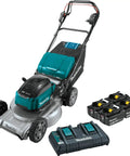 Pro Grade 21 Inch Cordless Self Propelled Lawn Mower with battery kit and aluminum deck ready for yard work.