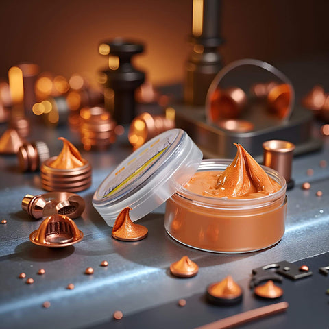 Conductive Electrical Contact Grease For Automotive And Electronics, Pro Grade Copper Anti Seize Paste, High Temperature Conductive Lubricant For Electrical Connections, Protection For Terminals, Relays, Wires, And Tool Parts in a jar with copper components