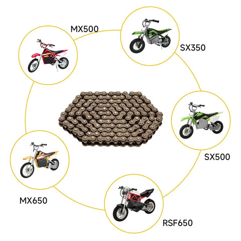 Heavy Duty 132 Link 25H Drive Chain for Razor MX Series Dirt Bikes and Mini Motocross Rigs with surrounding bike models.