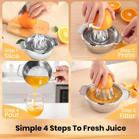 Heavy Duty 316L Stainless Steel Lemon Squeezer And Manual Citrus Juicer Press For Oranges Limes Grapefruit in 4 step process.