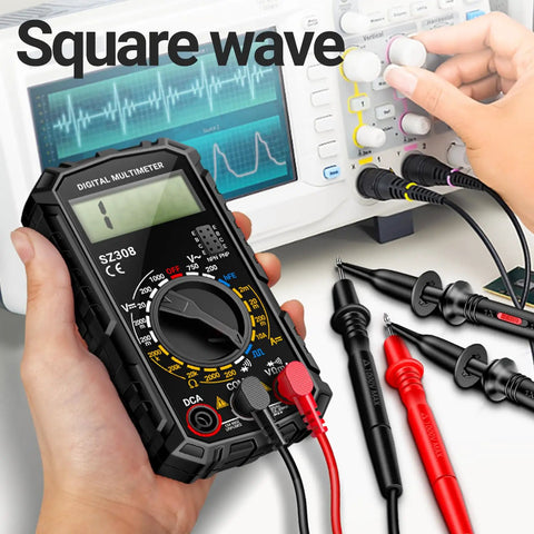 Versatile Digital Multimeter For AC and DC voltage, current, resistance, continuity, and diode testing in hand with probes.