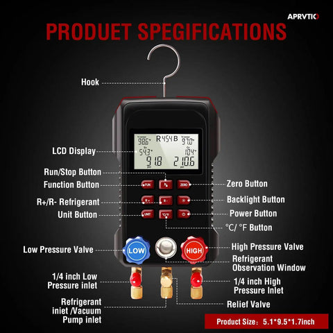 All In One HVAC Digital Manifold Gauge Kit With 112 Refrigerants For Cars And Refrigeration Systems, Superheat Subcooling And Pressure Loss Test, 3000 PSI Hoses, Compatible With R134a R22 R12 R454B, product specifications