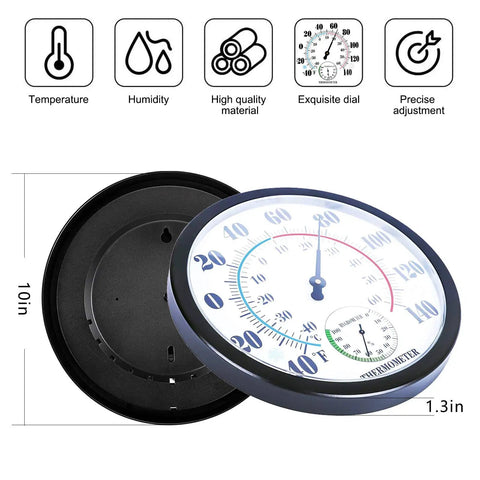 Large 10 Inch Outdoor Thermometer And Hygrometer With Big Numbers No Hassle Waterproof Weather Monitor For Patio Garden Garage And Home Reads Temperature From Minus 40 To 60 Celsius Or 140 Fahrenheit And Humidity 0 To 100 Percent