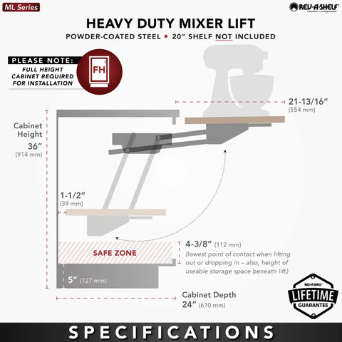 Heavy Duty Mixer Lift specifications diagram with powder-coated steel details for Hella Durable Heavy Duty Stand Mixer Lift For Kitchen Base Cabinets With Smooth Chrome Steel Slide Out Tray That Frees Up Counter Space And Organizes Appliances Fast.