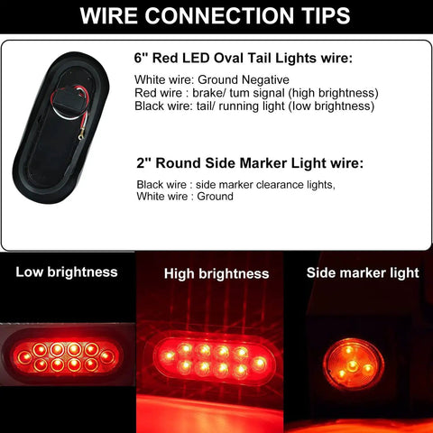 Wire connection tips for Two Piece Welded Steel Trailer Light Kit With 6 Inch Oval Red Tail Lights Featuring 10 LEDs And 2 Inch Red Round Side Marker Lights With 4 LEDs, Includes Grommets And Wire Connectors For Easy Install, Black Powder Coated Housing