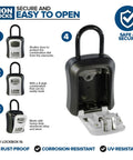 Rock Solid Key Lock Box Safe With Combination For Real Estate Home Car And Vacation Rentals Waterproof Key Safe Made From Heavy Duty Aluminum Alloy And Steel Easy Install Pack Of Six, showing secure 4-digit combo and open shackle.