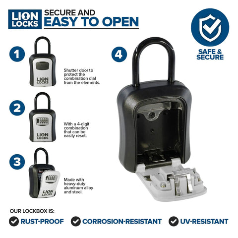 Rock Solid Key Lock Box Safe With Combination For Real Estate Home Car And Vacation Rentals Waterproof Key Safe Made From Heavy Duty Aluminum Alloy And Steel Easy Install Pack Of Six, showing secure 4-digit combo and open shackle.