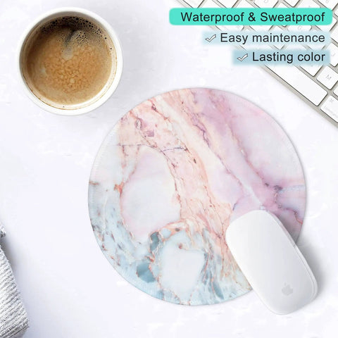 Pink Marble Round Mouse Pad With Premium Textured Surface, Washable And Non Slip Rubber Base, shown on desk with keyboard and coffee