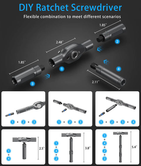 Diagram of All In One 24 In 1 Magnetic Ratchet Screwdriver Set With Detachable Handle And S2 Steel Bits In A Handy Portable Case