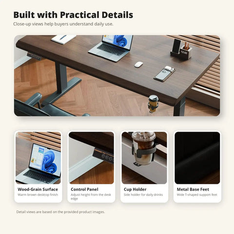 Solid Rubberwood Electric Standing Desk With Crisp Walnut Top, Smooth Single Motor Lift, detailed view showing control panel and cup holder.