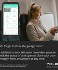 Worlds Longest Range Garage Door Controller And Wireless Sensor Kit For Your Existing Opener LoRa Remote Control Works With Alexa And IFTTT Hub Required displayed on smartphone screen held by traveler