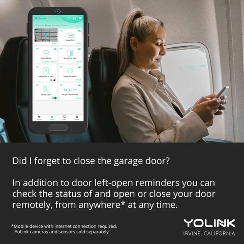 Worlds Longest Range Garage Door Controller And Wireless Sensor Kit For Your Existing Opener LoRa Remote Control Works With Alexa And IFTTT Hub Required displayed on smartphone screen held by traveler