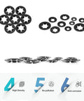 Internal Tooth Starlock Locking Washers Set 340 Pcs including Push On Speed Clips. Display of assorted black washers against white.