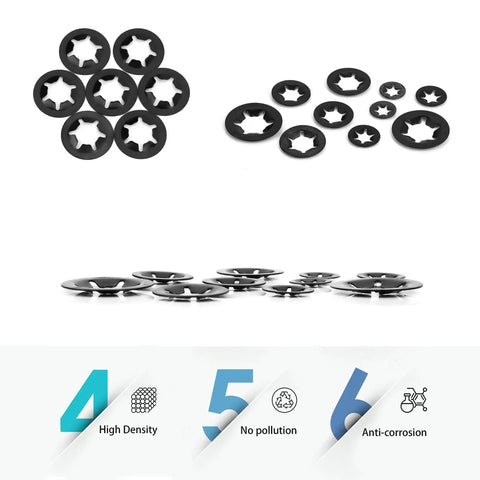 Internal Tooth Starlock Locking Washers Set 340 Pcs including Push On Speed Clips. Display of assorted black washers against white.