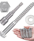 Top Quality 304 Stainless Steel Hex Lag Screws One Quarter Inch By Two Point Five Inches with washers in hand.