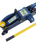 Ultra Low Profile Hydraulic Floor Jack With 2 Ton Capacity And 4000 Lbs Lift, blue steel design with yellow handle, for cars and SUVs.