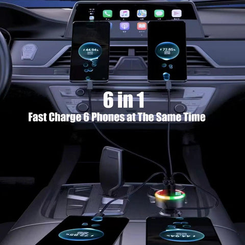 Heavy Duty USB C Car Charger Adapter With Built In Volt Meter And Voltage Display Dang Fast Charging Hub for 6 phones in car.