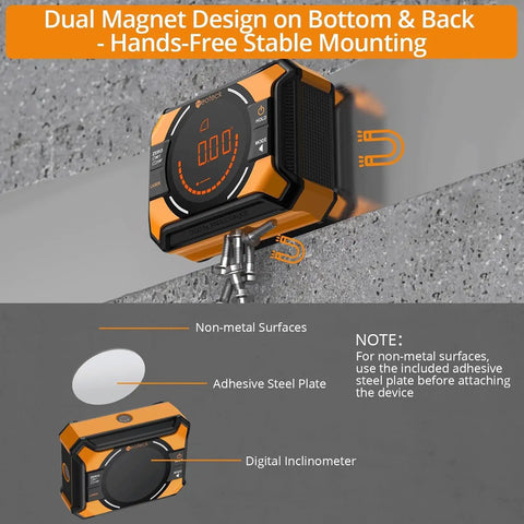 Dual Laser Digital Angle Finder With LED Display, Handy Pro Grade Inclinometer For Woodworking And Construction, Versatile 4 By 90 Degrees Or 2 By 180 Degrees Range, Accuracy About 0.1 To 0.2 Degrees, Class 2 Safe Output. Dual magnet angle finder mounted on metal surface