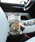Patriotic American Flag Sailboat Insulated Tumbler Stainless Steel Travel Cup in car holder, featuring USA flag and ship design.