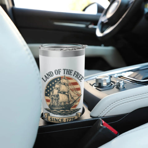 Patriotic American Flag Sailboat Insulated Tumbler Stainless Steel Travel Cup in car holder, featuring USA flag and ship design.