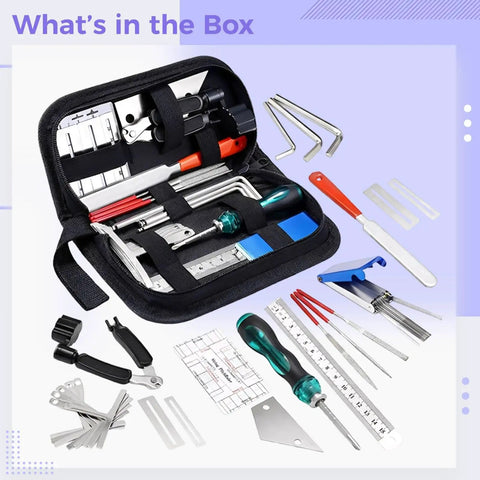Guitar Setup And Repair Kit 26 Piece Tool Set With Nut Files String Action Gauge Leveling Ruler in a carry case
