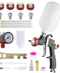 Premium Lvlp Gravity Feed Spray Gun With Interchangeable 1.3 To 2.0 Mm Nozzles And Integrated Air Regulator, complete kit with nozzles and regulator.