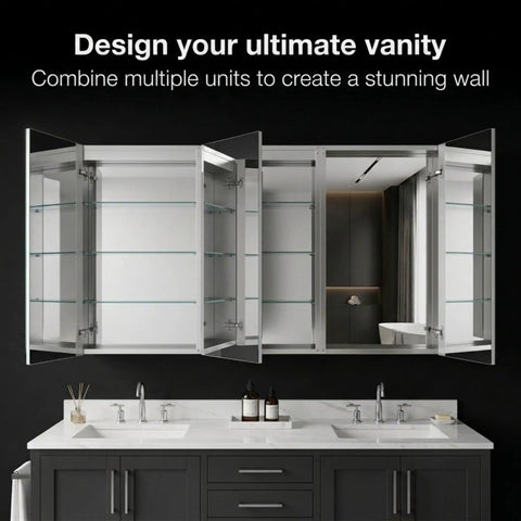 Heavy Duty Anodized Aluminum Bathroom Medicine Cabinet Featuring Adjustable Tempered Glass Shelves And Mirrored Interior, showcasing open doors and glass shelves.