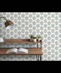 Sick Periwinkle Matte Wallpaper With Subtle Linen Texture in a home office with plants and an open book.