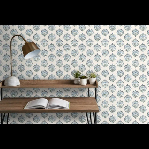 Sick Periwinkle Matte Wallpaper With Subtle Linen Texture in a home office with plants and an open book.