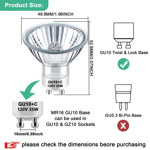 Dimensions and features of GU10 120V 25W Halogen Bulbs For Wax Warmer Scent Melt Candle Warmer, Dimmable MR16 JDR 2700K, Pack of 4.