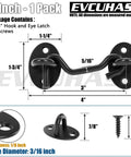 Rock Solid 3 Inch Matte Black Hook And Eye Latch For Swing Barn Doors Patio Gates showing dimensions and included screws.