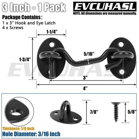 Rock Solid 3 Inch Matte Black Hook And Eye Latch For Swing Barn Doors Patio Gates showing dimensions and included screws.