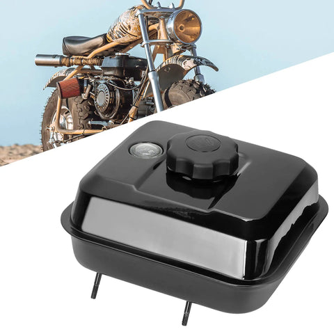 Gas Tank With Fuel Level Gauge Kit Built For Predator 212 And Clone Engines next to classic mini bike in desert backdrop.