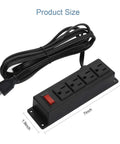 Wall Mount Power Outlet Strip With Switch, four 7-inch outlets, black with 6 ft cord, under desk setup shown with measurements