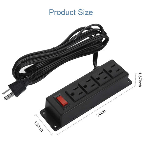 Wall Mount Power Outlet Strip With Switch, four 7-inch outlets, black with 6 ft cord, under desk setup shown with measurements