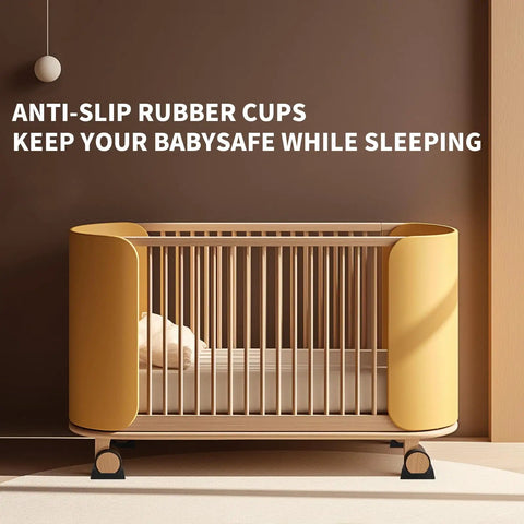 Rectangle Rubber Caster Cups No Slip Furniture Pads 8 Pack 2.9 By 2.3 Inches Anti Slip Grippers That Stop Sliding Wheel Stoppers For Rolling Furniture Black under a yellow crib in a nursery.
