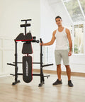 Person using 900 Lb All In One Weight Bench Set With Squat Rack Adjustable Bench Leg Developer Preacher Curl Rack And Multi Press Stations.