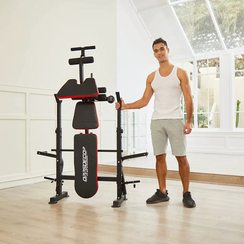 Person using 900 Lb All In One Weight Bench Set With Squat Rack Adjustable Bench Leg Developer Preacher Curl Rack And Multi Press Stations.