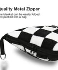 2 In 1 Travel Blanket And Pillow Set With Convertible Pillowcase Lightweight Microfleece Comfort For Airplane And Road Trips On The Go Includes Hand Luggage Sleeve And Backpack Clip Checkered Black showing quality metal zipper detail