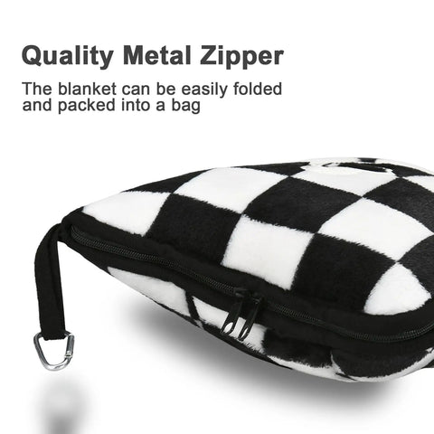 2 In 1 Travel Blanket And Pillow Set With Convertible Pillowcase Lightweight Microfleece Comfort For Airplane And Road Trips On The Go Includes Hand Luggage Sleeve And Backpack Clip Checkered Black showing quality metal zipper detail